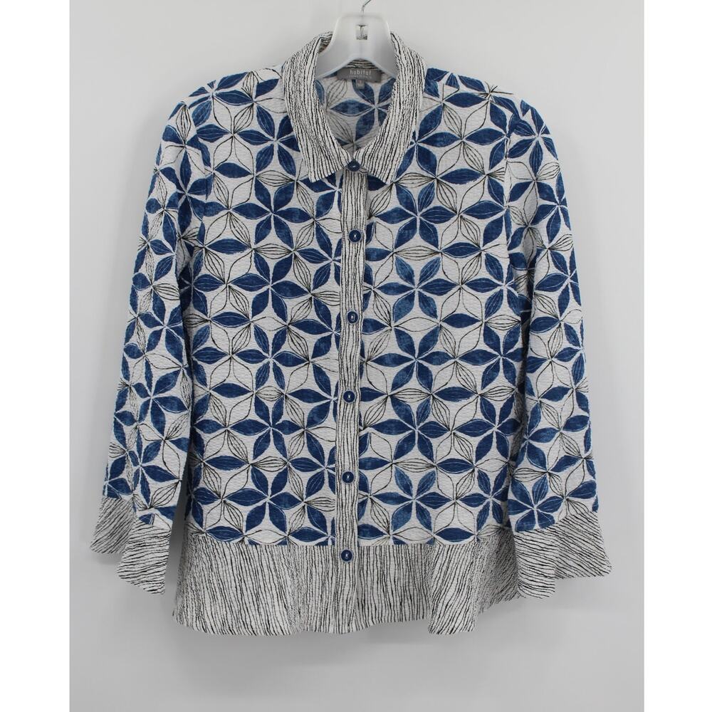 Habitat Crinkle Crepe Floral Mix Flounce Shirt size Small Geo Print Blue
